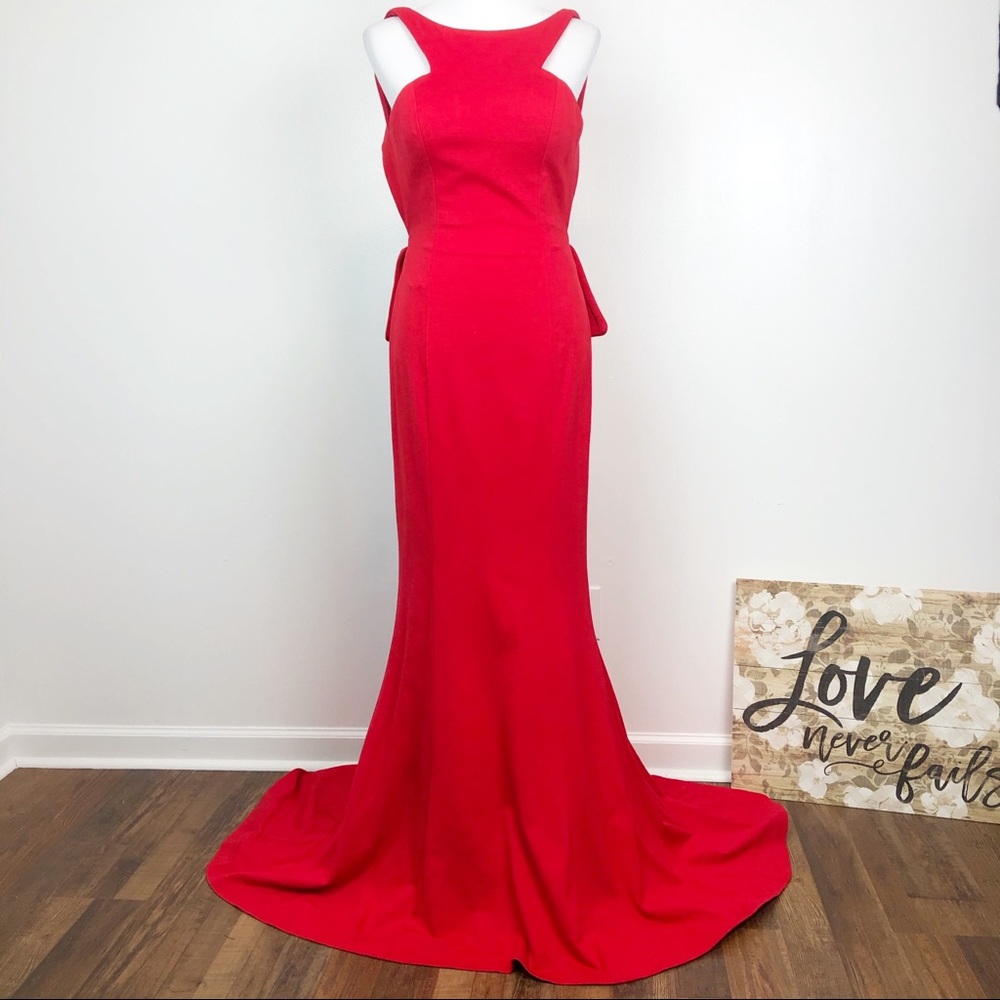 Jovani Red Open Back Ruffle Evening Dress